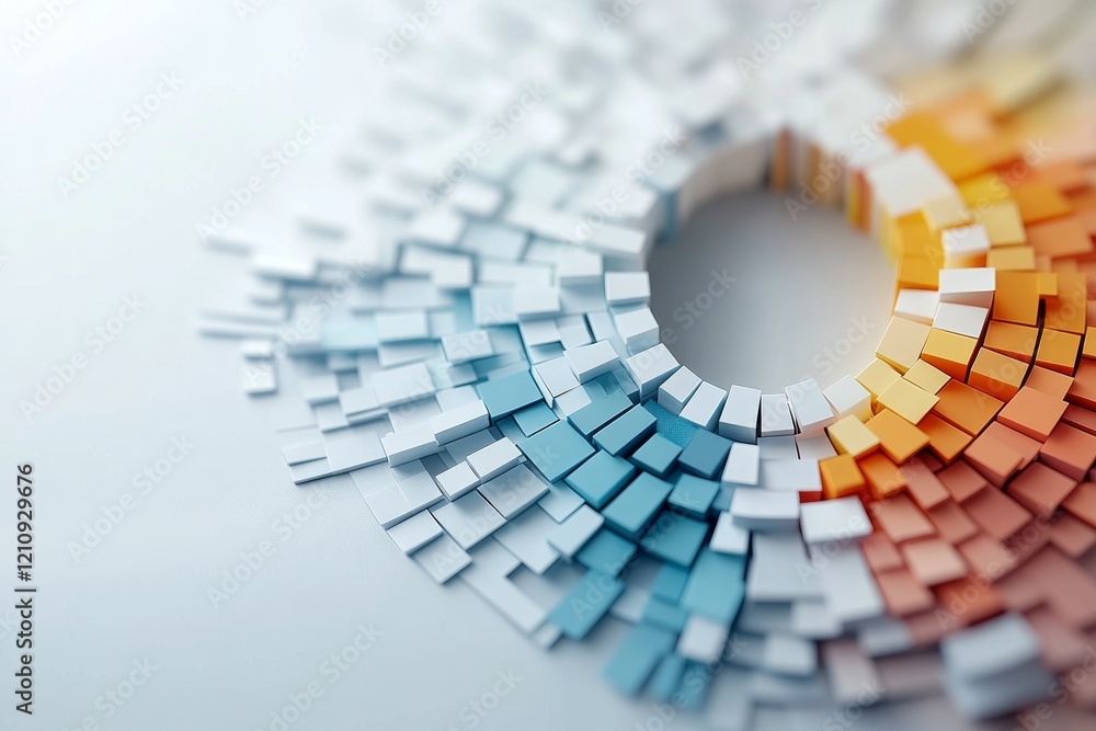 Poster Colorful abstract design created with small 3D cubes arranged in a circular pattern on a light surface for artistic expression