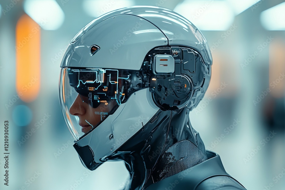 Poster futuristic humanoid robot with advanced helmet in high-tech environment