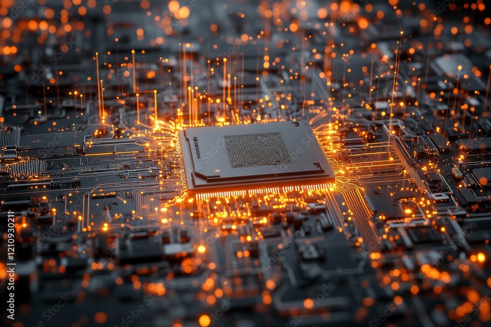 Poster close-up of a glowing microchip surrounded by intricate circuit patterns in a dark setting