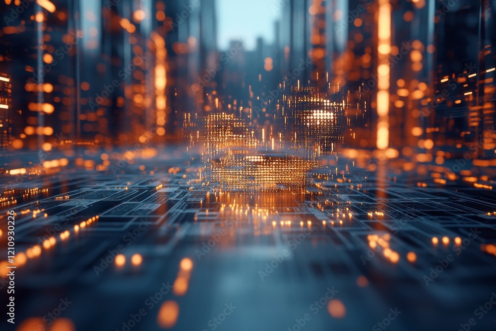 Poster digital city landscape transforms into a vibrant glow with illuminated data points and a futuristic 