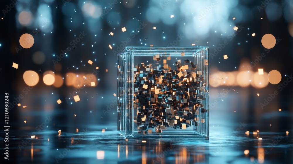 Poster floating cube composed of shimmering particles creates a mesmerizing display in a dimly lit environm