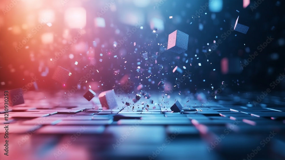 Poster floating cubes create a dynamic visual effect in a futuristic digital landscape filled with light an