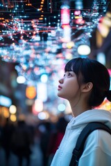 Young woman gazes upward at digital light display on bustling city street at night