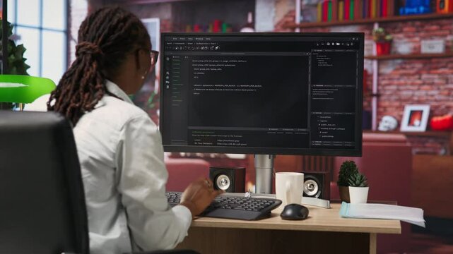 IT technician in home office looking at UI on computer monitor, executing programming script. Remote employee using coding application to write and test code in modern apartment, camera B