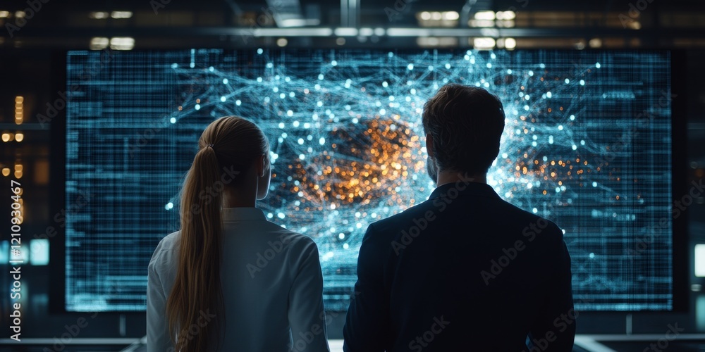 Poster two individuals observe advanced data visualization in a futuristic technology lab during evening ho