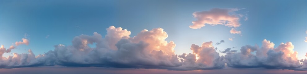Scenic dark blue sunset sky with cumulus clouds. Panorama view. Light colors. Perfect for 3D games, sky replacements in 360 aerial drone videos. Ideal for nature enthusiasts, landscape photo lovers.