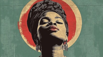 African woman mural like illustration faded colors green yellow red