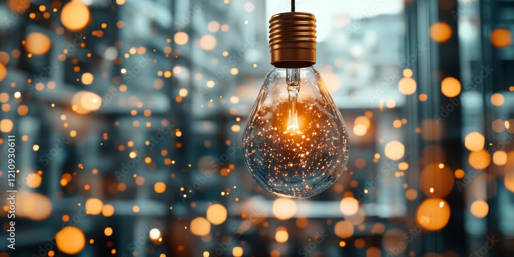 Poster hanging light bulb illuminated by sparkling particles in an urban setting during the evening