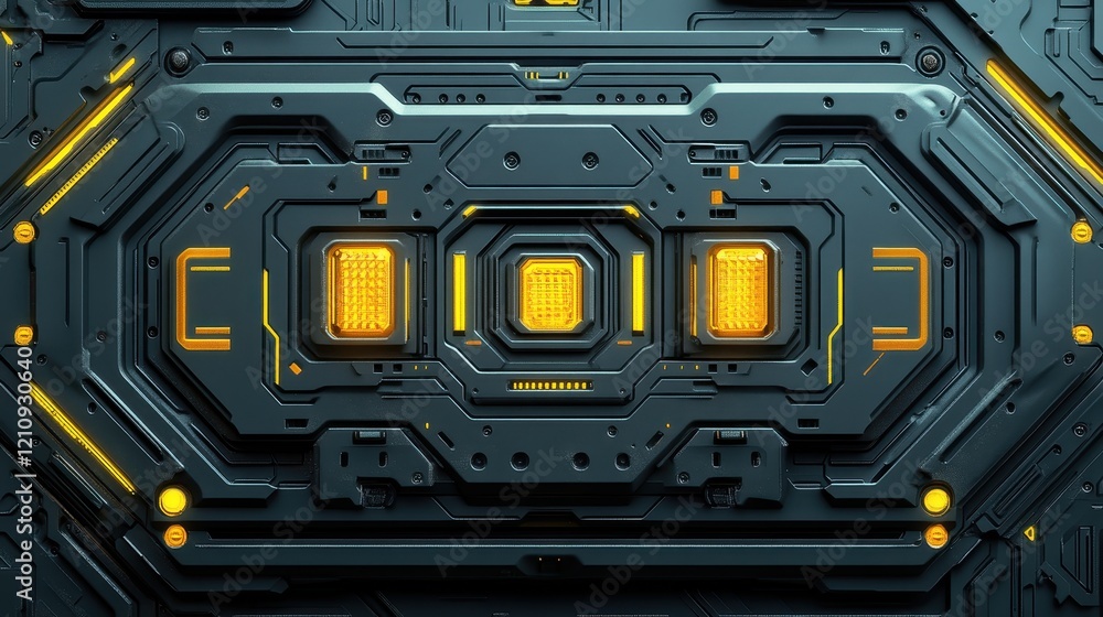 Poster futuristic digital panel with glowing elements and intricate circuitry design.