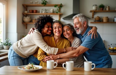 Multiracial friends gather in home kitchen. Hug, laugh enjoying meal. Group of adults fun together. In domestic setting. Kitchen setting cozy, happy. Multigenerational friendship highlighted.