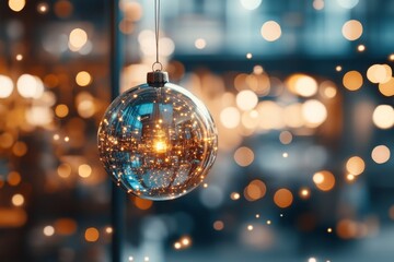 Hanging glass ornament reflecting warm lights in a festive setting during the holiday season