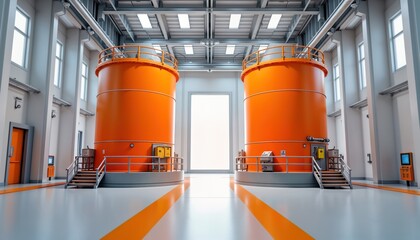 Modern nuclear power plant interior. Two orange small modular reactors centrally located. Modern tech equipment, pipes visible. Industrial area with safety features like railings. Clean energy future