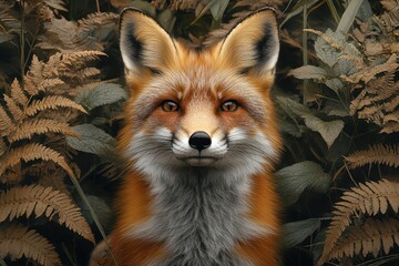 eloquent gaze of a fox is captured in a lush forest setting its vibrant orange fur contrasting beautifully with the greenery embodying the essence of wildlife in its natural habitat