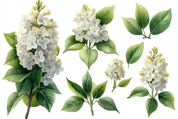 Spring lilac flowers, watercolor on white background