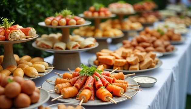 Outdoor party buffet with variety finger foods. Colorful snacks on platters. Feast for guests. Catering service for event. Tasty appetizers, treats. Guests enjoy celebration. Plenty of choices for