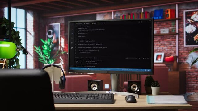 UI on computer monitor in home office with programming script being executed. Empty modern apartment room with coding application used by remote employee to write code, jib up shot