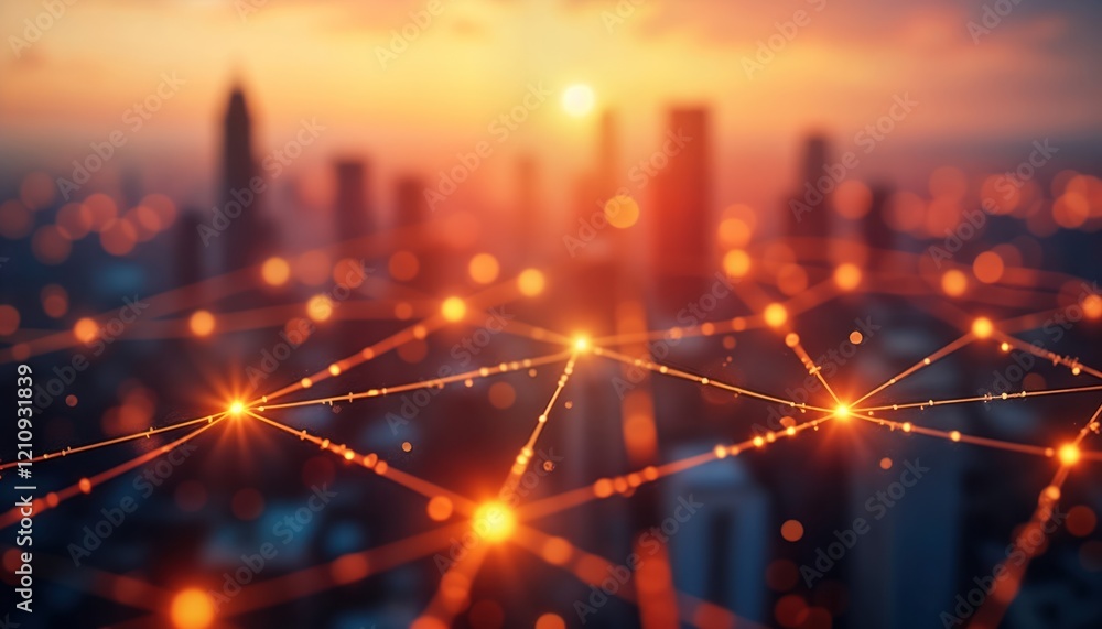 Poster futuristic city network. global connection concept. abstract lines, glowing points connect cityscape