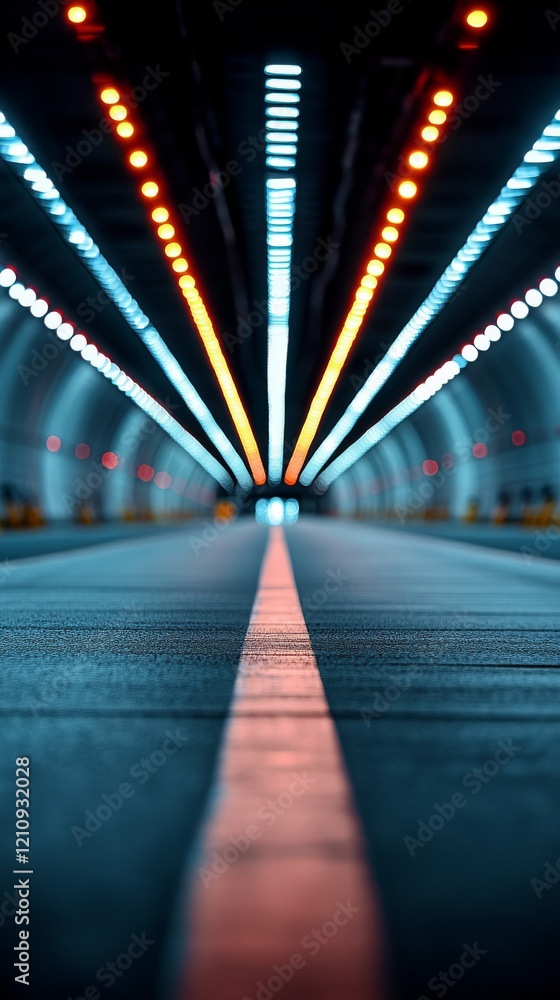 Poster brightly lit tunnel with colorful lights creating dynamic patterns at night
