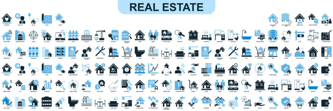 set of real estate icons vector, containing house home, owner, building sky scrapper, interior, buy and sell or rent - Powered by Adobe