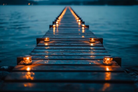 Tranquil lakeside dock illuminated by soft candlelight at twilight