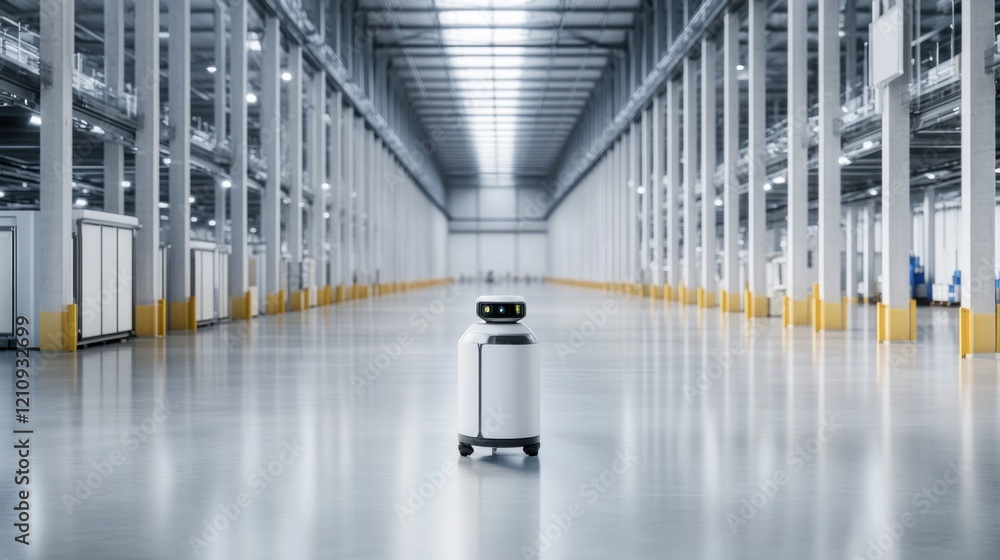Poster autonomous robot navigating in a spacious, high-tech warehouse with smooth flooring and bright overh