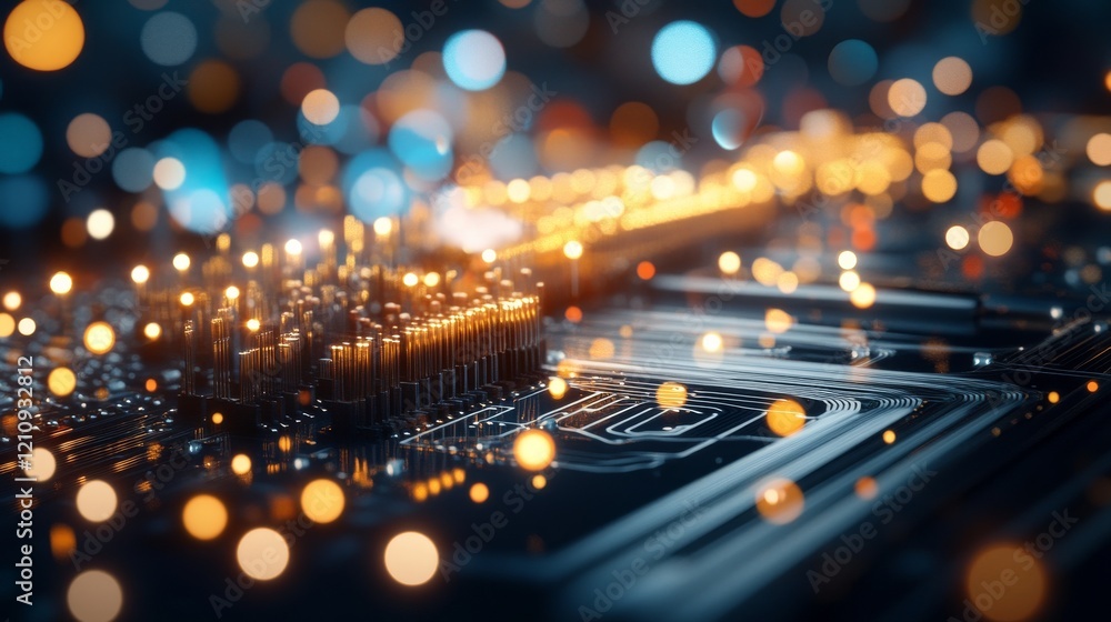 Poster abstract representation of a circuit board with glowing lights and intricate designs in a dark envir
