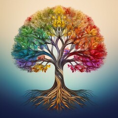 A symbolic tree with branches made of colorful abstract patterns, each branch representing a different culture, background, or identity. The roots extend into a gradient background, emphasizing interc