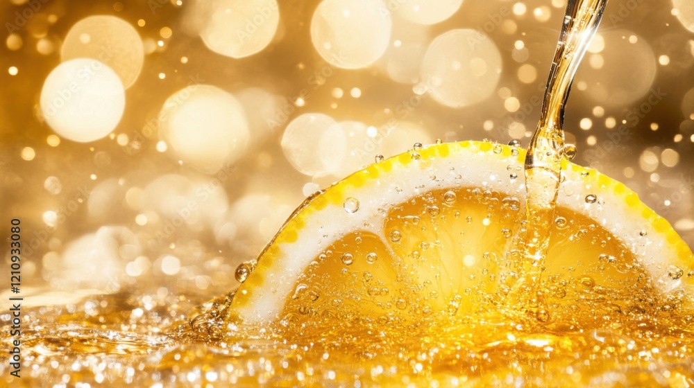 Poster fresh lemon slice splashing in sparkling water with glittering background and golden bokeh effect ca