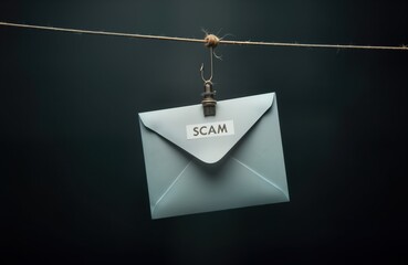 Gray envelope with word SCAM on hangs from fishing hook. Hook attached to piece of string. Background black. Image represents fraud scam. Letter with scam attachment threat to cyber security. Concept
