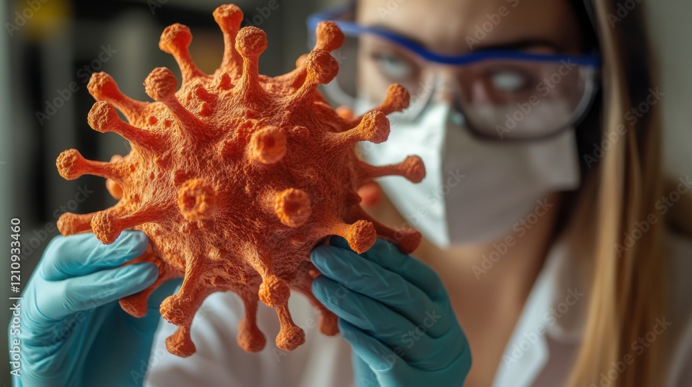 Poster scientist examining a 3d model of a virus in a laboratory setting, showcasing detailed structure and
