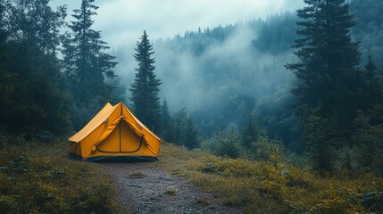 A minimalist tent pitched beside a forest trail, with fog creeping through the trees and a sense of solitude. 261