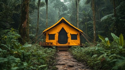 A tent in the midst of a dense, tropical forest, with thick greenery and a trail leading through the trees. 256
