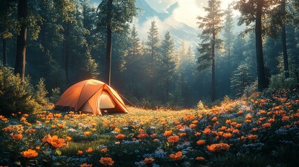 A tent set up in a lush forest glade, surrounded by colorful wildflowers and the sounds of nature. 269