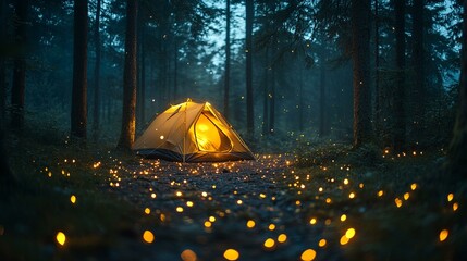 A small tent in a dense forest, with fireflies glowing softly around it as night falls. 268