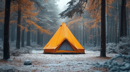 A tent surrounded by evergreen trees, with snow lightly covering the forest floor and the sky clearing after a snowstorm. 277