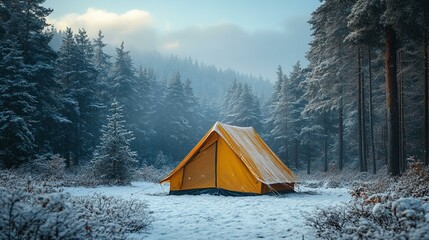 A tent surrounded by evergreen trees, with snow lightly covering the forest floor and the sky clearing after a snowstorm. 278