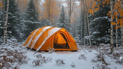 A tent surrounded by evergreen trees, with snow lightly covering the forest floor and the sky clearing after a snowstorm. 279