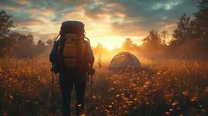 A backpacker emerging from their tent at sunrise, stretching as the morning fog lifts from the forest. 283