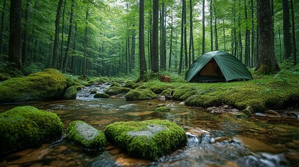 A small tent near a quiet stream, surrounded by large rocks and vibrant green moss in a secluded forest. 285