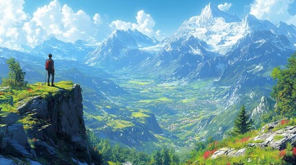 A solo hiker standing on the edge of a steep cliff, overlooking a vast valley with dramatic mountain peaks in the distance. 304