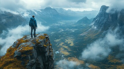 A solo hiker standing on the edge of a steep cliff, overlooking a vast valley with dramatic mountain peaks in the distance. 303