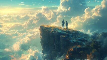 A couple of hikers standing hand-in-hand on a cliff, with the wind gently blowing and sweeping clouds across the sky. 348
