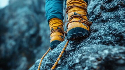 A hiker carefully scaling a steep cliff face, with ropes and climbing gear attached to the rocky surface. 344