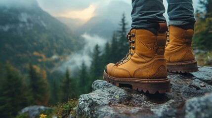 A close-up of a hiker’s boots as they step carefully along a cliff’s edge, with a dramatic drop to the valley below. 355