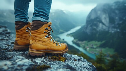 A close-up of a hiker’s boots as they step carefully along a cliff’s edge, with a dramatic drop to the valley below. 356