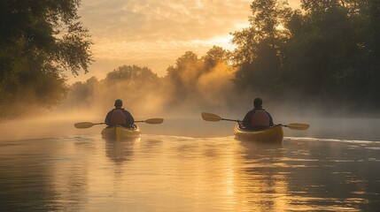 Two kayakers navigating a calm river in the early morning light, with mist rising from the water and soft reflections. 408
