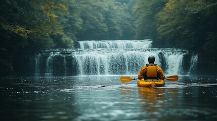 A kayaker approaching a waterfall on a river, with a sense of adventure as they navigate the challenging terrain. 440