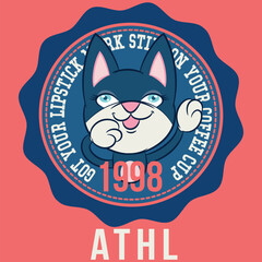 Illustration of a cat with big eyes, eyelashes, and big ears, a sports mascot, college or varsity texts, rhinestones, and baseball and soccer patches, trendy color.