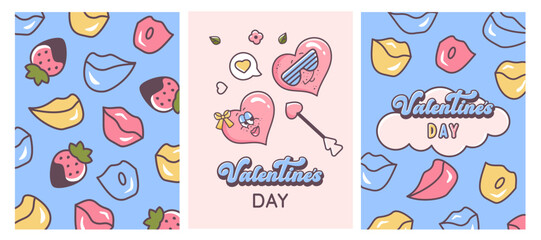 Happy Valentine's Day. Set of Valentine backgrounds. Cartoon comic hearts, Kissing lips, strawberry in chocolate, cupid arrow. Retro valentine cards in 60s 70s cartoon style. Vector