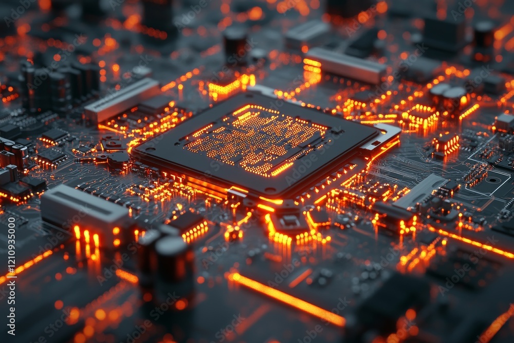 Poster modern circuit board illuminated with bright orange lights showcasing advanced technology and design